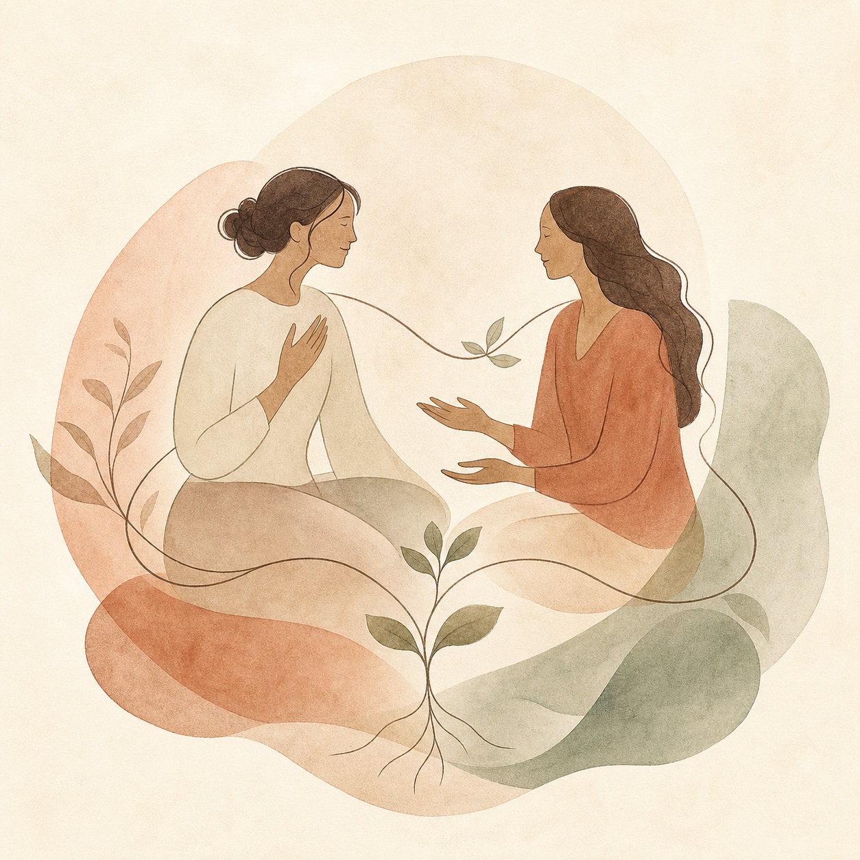 Illustration of two people in a supportive conversation connected by flowing leaves