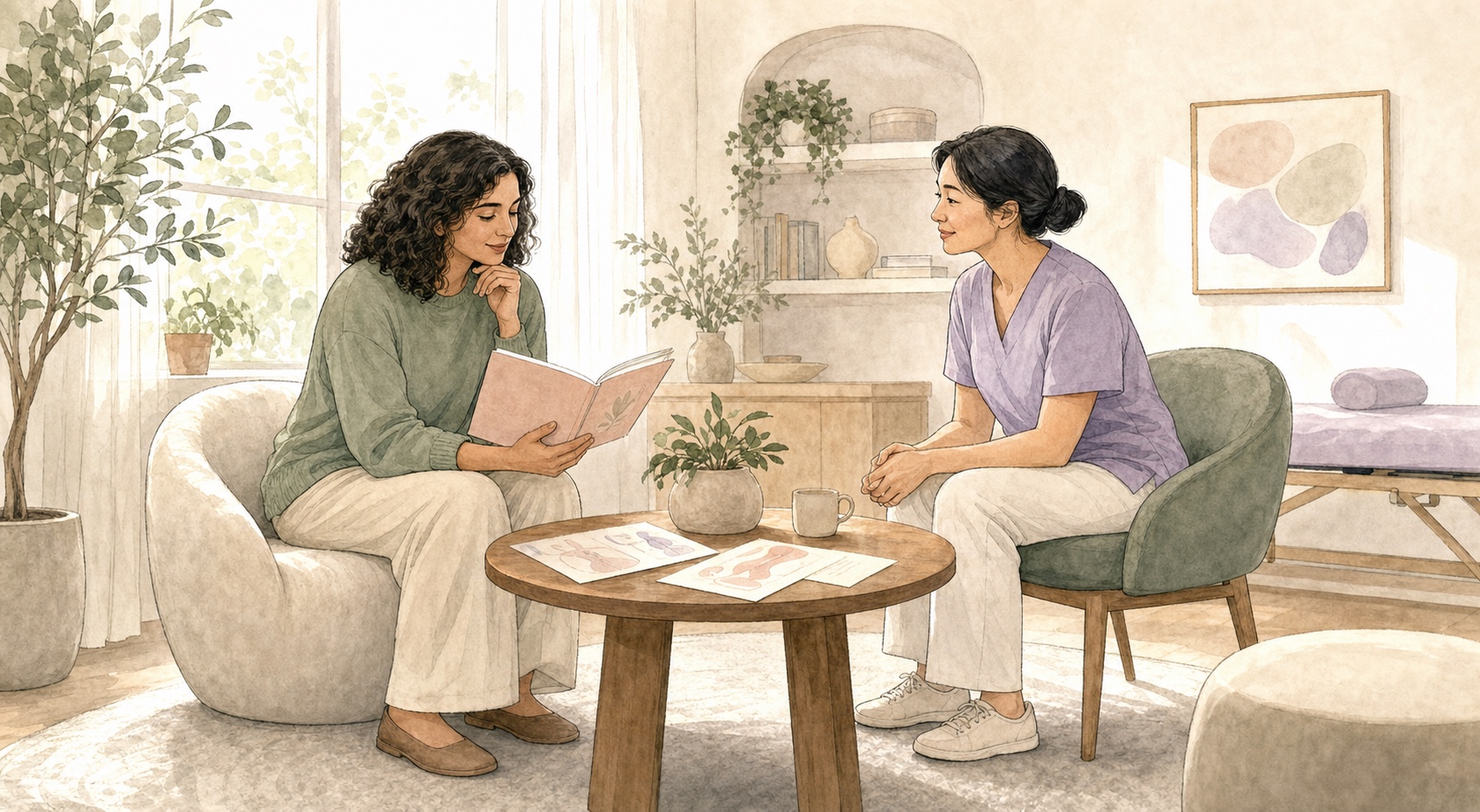Watercolor illustration of a patient reading a wellness guide while talking with a pelvic-health clinician