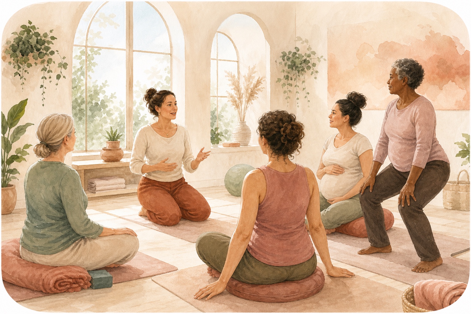 Watercolor illustration of an instructor guiding an inclusive small-group pelvic wellness class in a bright studio