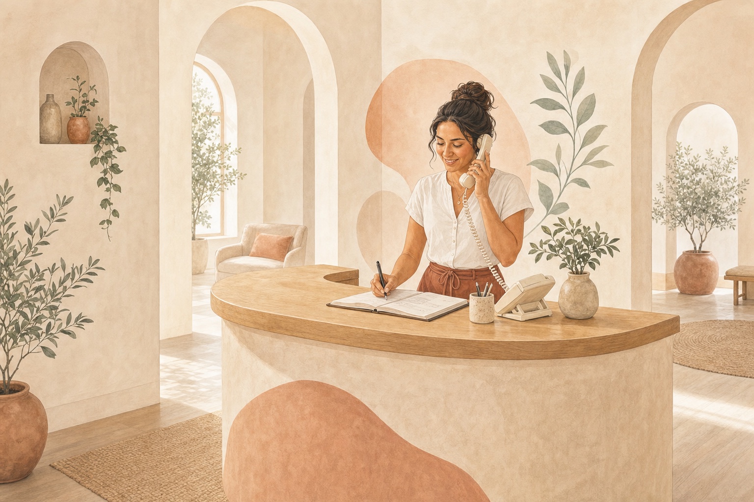 Illustration of a welcoming clinic coordinator answering the phone at a curved reception desk